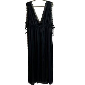Vintage XL Black Sexy Long Lace Trim Nightgown Open Slit Side Ties